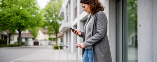 Femme avec valise consultant smartphone devant résidence moderne près de la frontière