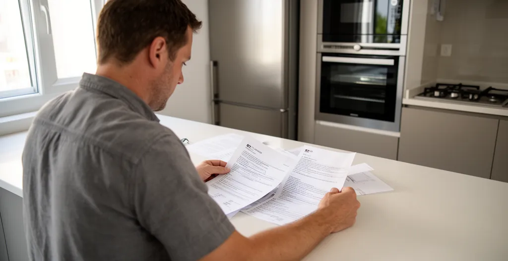 Personne consultant documents dans cuisine équipée d'un appartement meublé