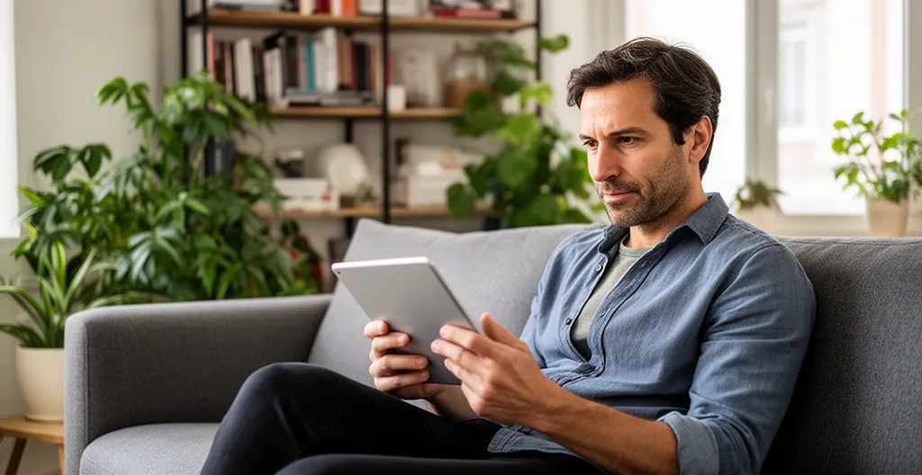 Personne consultant une tablette dans un salon meublé moderne