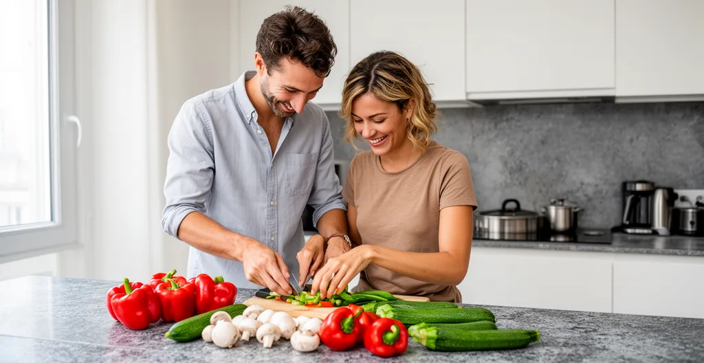 Couple préparant repas dans cuisine équipée appart vue Salève