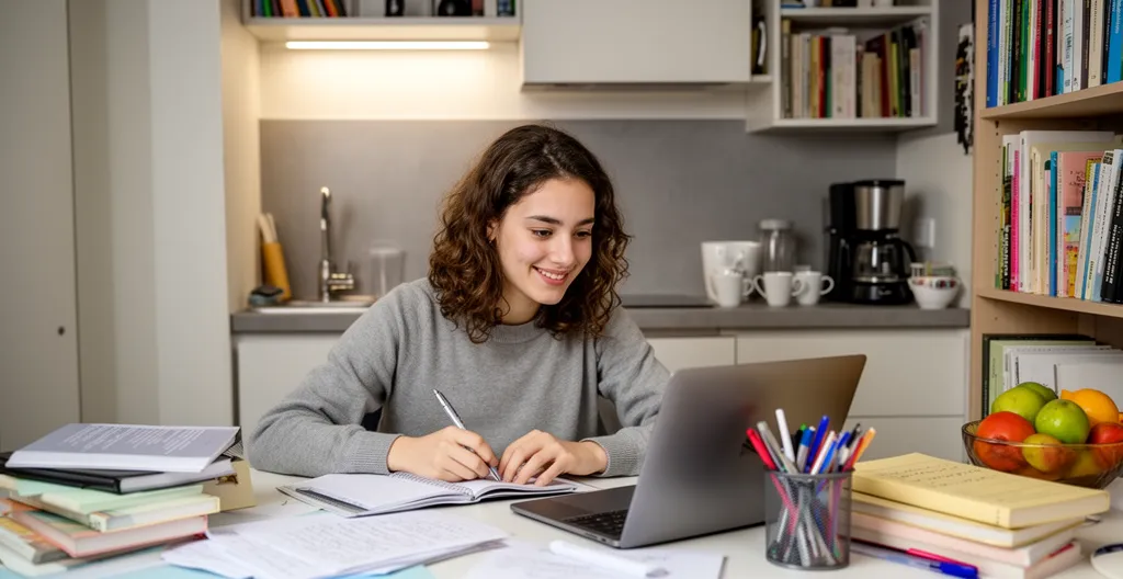 Jeune étudiante installée à son bureau dans studio équipé en Haute-Savoie