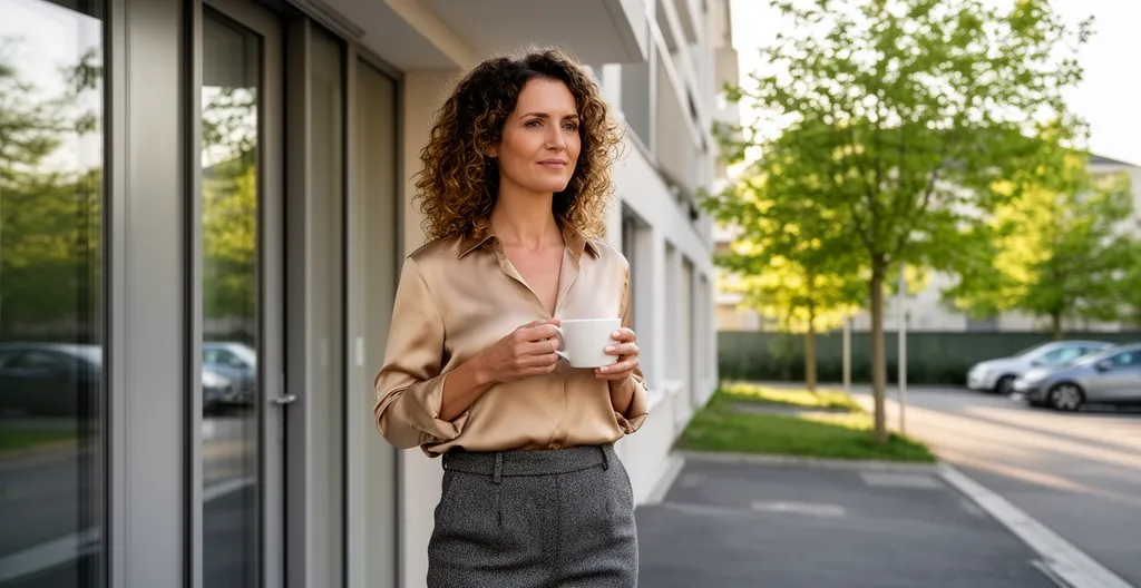 Personne avec café devant résidence moderne proche frontière