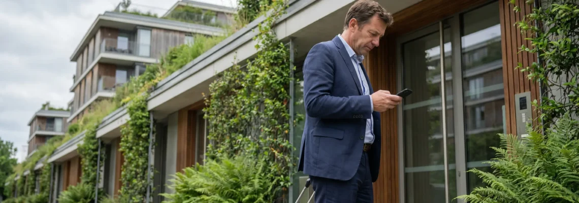 Homme professionnel avec valise devant bâtiment résidentiel moderne en Haute-Savoie
