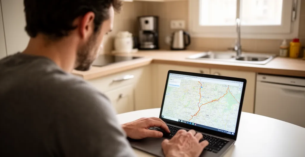 Homme consultant itinéraire sur ordinateur portable dans cuisine équipée