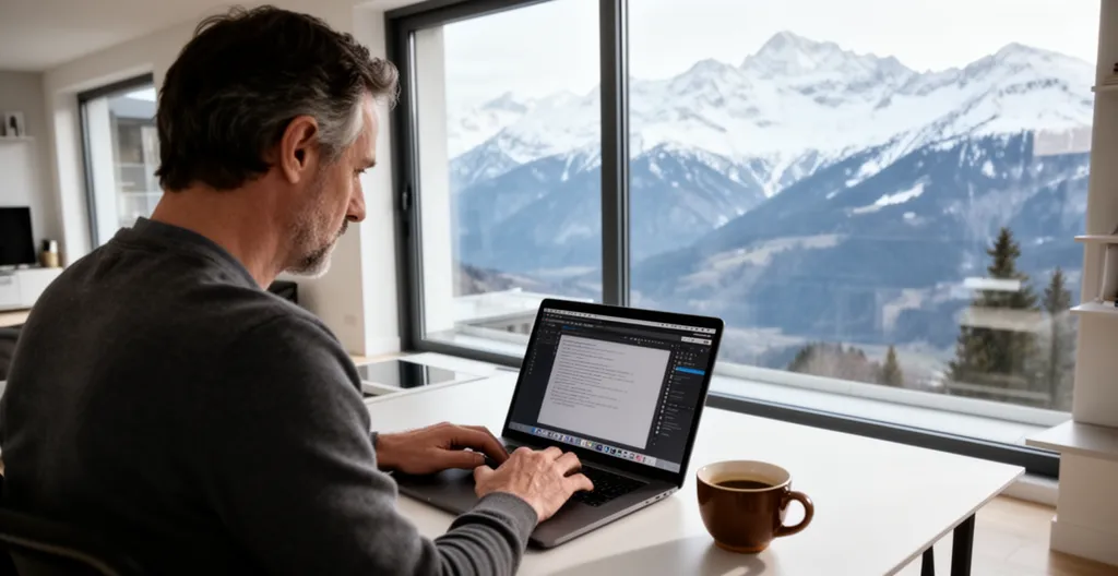 Professionnel travaillant sur ordinateur dans appartement lumineux vue montagne