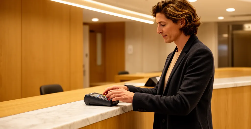 Personne utilisant système de récupération de clés dans hall moderne