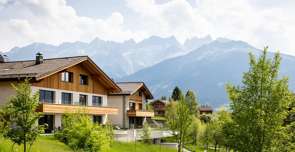 Résidence moderne entourée d'espaces verts avec montagnes en arrière-plan en Haute-Savoie